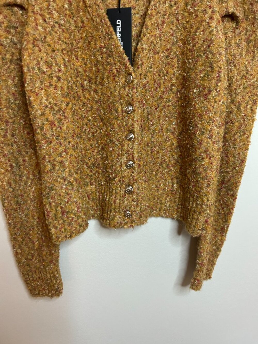 Karl Lagerfeld Brown Blend Puff Sleeve Cardigan Sweater V-Neck Size S - Picture 4 of 6